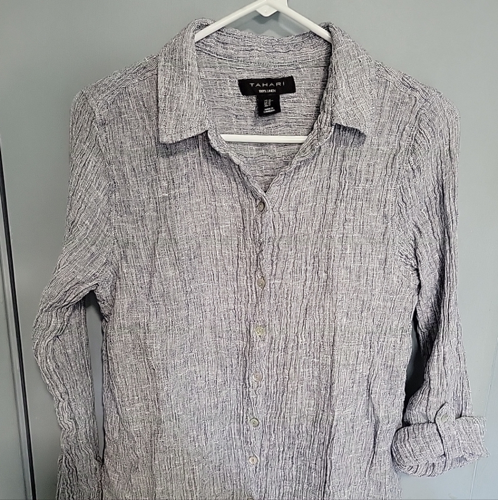 Tahari Linen Blouse Sz Medium Blue Heathered Textured Fabric
